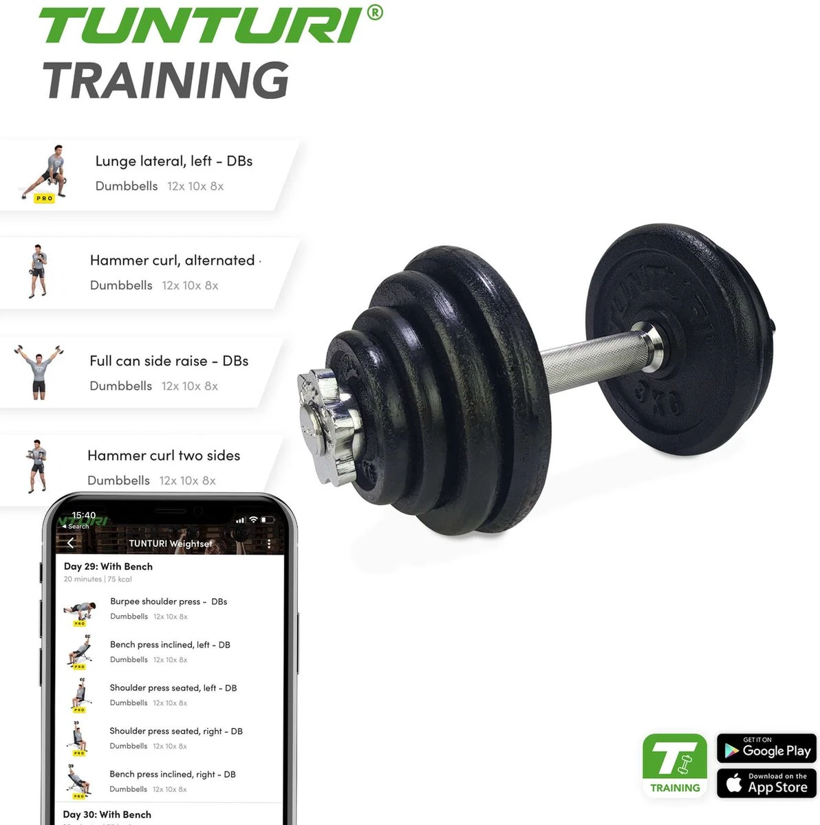 Tunturi Gewichten Gietijzer Totaal 20kg - Halterset Met Schroefsluiting - Dumbbell Set - 1 Halterstang - 30mm - Incl. Gratis Fitness App 6 Tunturi Gewichten Gietijzer Totaal 20kg - Halterset Met Schroefsluiting - Dumbbell Set - 1 Halterstang - 30mm - Incl. Gratis Fitness App - Afbeelding 4