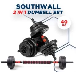 SOUTHWALL Dumbbells Set Verstelbaar Met Halterstang Tot 40kg – Verstelbare Halterset – Fitness Stang – Fitness Gewichten Set – Professionele 2-in-1 Dumbbellset – Home Gym – Krachttraining – Gebruiksvriendelijk – Multifunctioneel – Dumbell Set 40 Kg