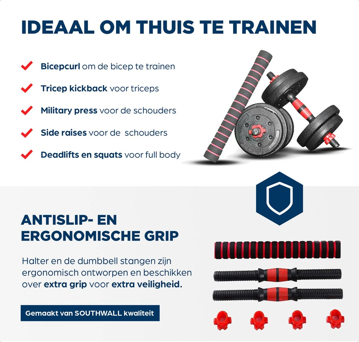 SOUTHWALL Dumbbells Set Verstelbaar Met Halterstang Tot 40kg – Verstelbare Halterset – Fitness Stang – Fitness Gewichten Set – Professionele 2-in-1 Dumbbellset – Home Gym – Krachttraining – Gebruiksvriendelijk – Multifunctioneel – Dumbell Set 40 Kg 4 SOUTHWALL Dumbbells Set Verstelbaar Met Halterstang Tot 40kg – Verstelbare Halterset – Fitness Stang – Fitness Gewichten Set – Professionele 2-in-1 Dumbbellset – Home Gym – Krachttraining – Gebruiksvriendelijk – Multifunctioneel – Dumbell Set 40 Kg - Afbeelding 2
