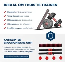 SOUTHWALL Dumbbells Set Verstelbaar Met Halterstang Tot 30kg – Verstelbare Halterset – Fitness Stang – Fitness Gewichten Set – Professionele 2-in-1 Dumbbellset – Gebruiksvriendelijk – Multifunctioneel – Dumbell Set 30 Kg – Rood/Zwart -Fit Verkoop 1200x1142 7