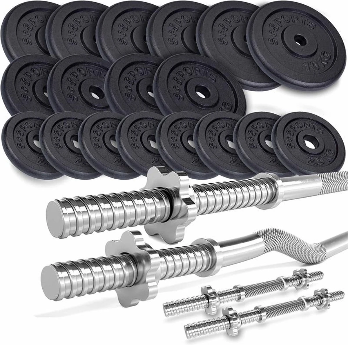 ScSPORTS® Halterset 121 Kg - Gietijzer - Complete Set Incl. Verschillende Halterstangen En Halterschijven - 30 Mm - Gewichten 3 ScSPORTS® Halterset 121 Kg - Gietijzer - Complete Set Incl. Verschillende Halterstangen En Halterschijven - 30 Mm - Gewichten