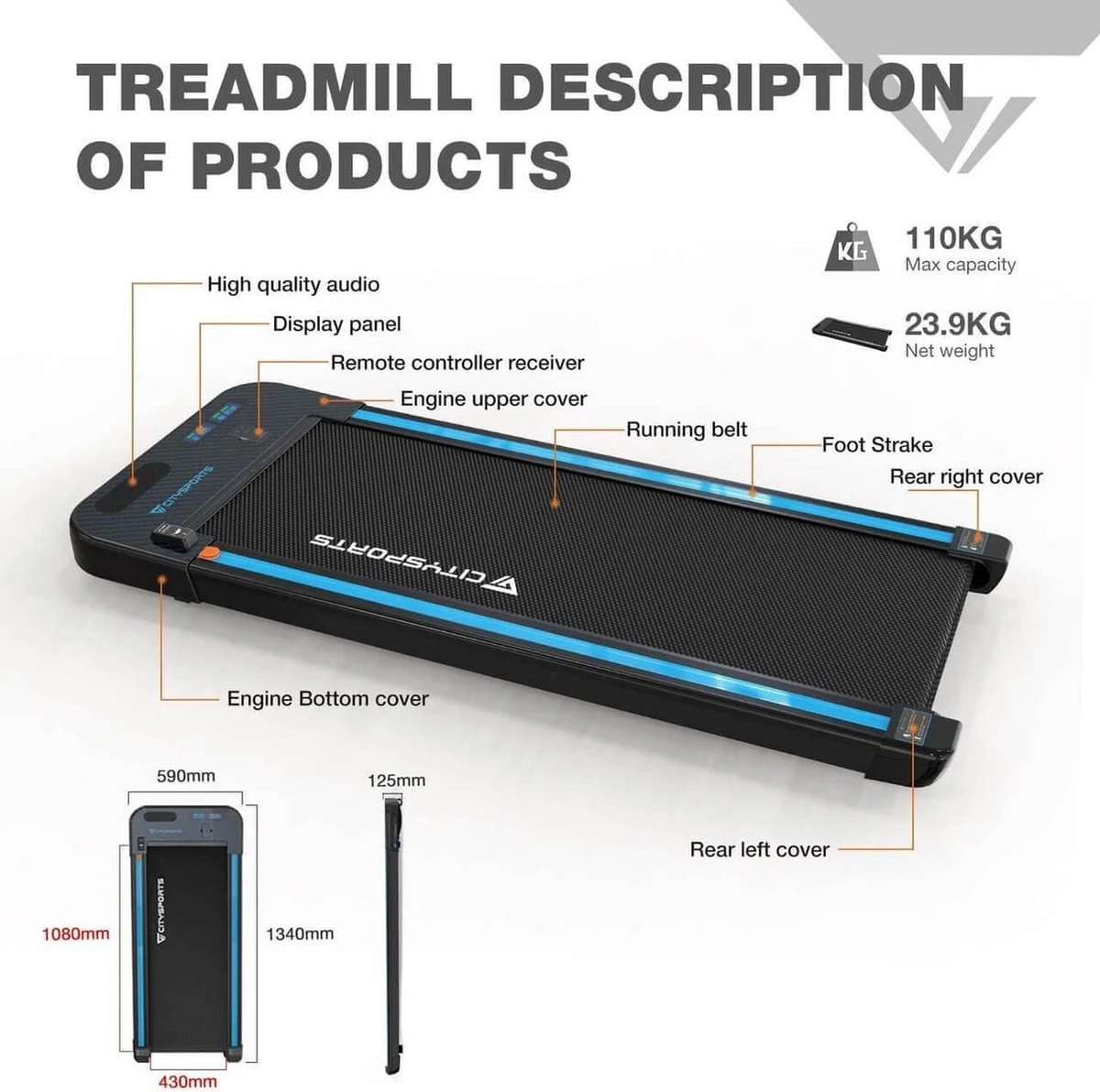 Merkloos CITYSPORTS Loopband, Elektrisch, Motor 440 W, Instelbare Snelheid, LCD-scherm En Calorieënteller, Geïntegreerde Bluetooth-luidspreker, Ultradun En Stil, Voor Thuis/kantoor 9 Merkloos CITYSPORTS Loopband, Elektrisch, Motor 440 W, Instelbare Snelheid, LCD-scherm En Calorieënteller, Geïntegreerde Bluetooth-luidspreker, Ultradun En Stil, Voor Thuis/kantoor - Afbeelding 7