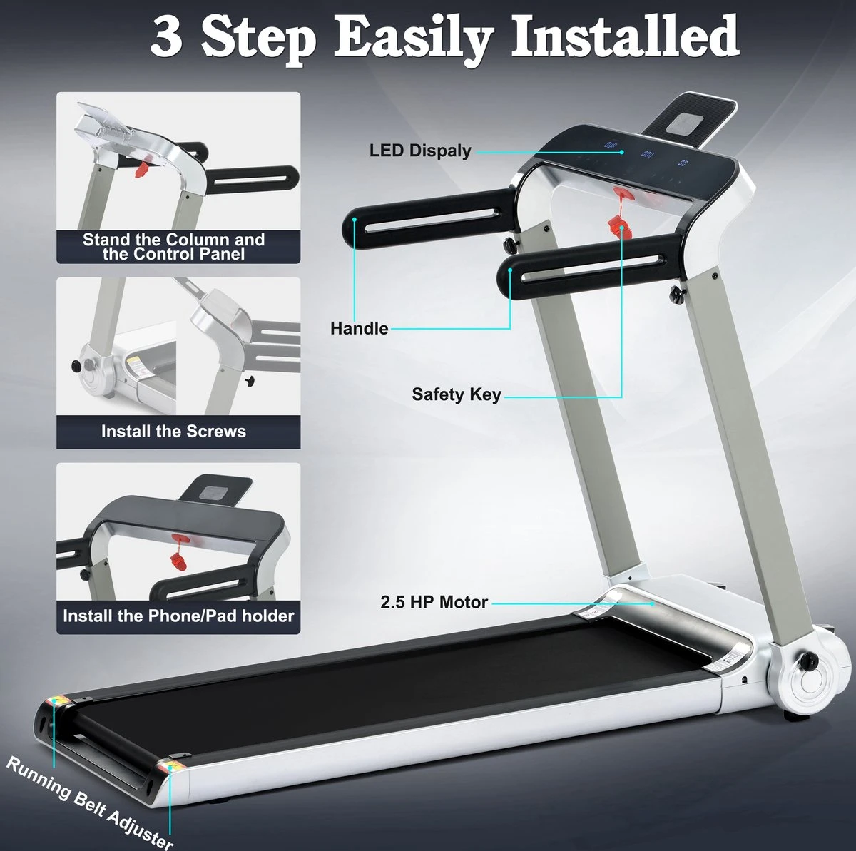 Merax Elektrische Loopband - Opvouwbaar - Inklapbaar Hardloopband - Professioneel - Fitness Hometrainer - Zilver Met Zwart 11 Merax Elektrische Loopband - Opvouwbaar - Inklapbaar Hardloopband - Professioneel - Fitness Hometrainer - Zilver Met Zwart - Afbeelding 9
