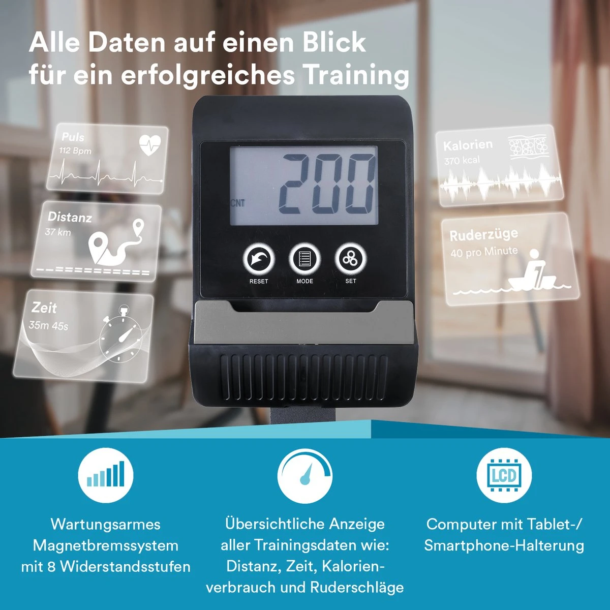 Skandika Venn Roeimachine – Roeitrainers - Roeimachine - Home Roeiapparaat Fitness - Tablet Houder, Roeier Met Multifunctionele Computer, 8 Weerstandsniveaus Instelbaar, Onderhoudsarm - Fitnessapparaten - Grijs 5 Skandika Venn Roeimachine – Roeitrainers - Roeimachine - Home Roeiapparaat Fitness - Tablet Houder, Roeier Met Multifunctionele Computer, 8 Weerstandsniveaus Instelbaar, Onderhoudsarm - Fitnessapparaten - Grijs - Afbeelding 3