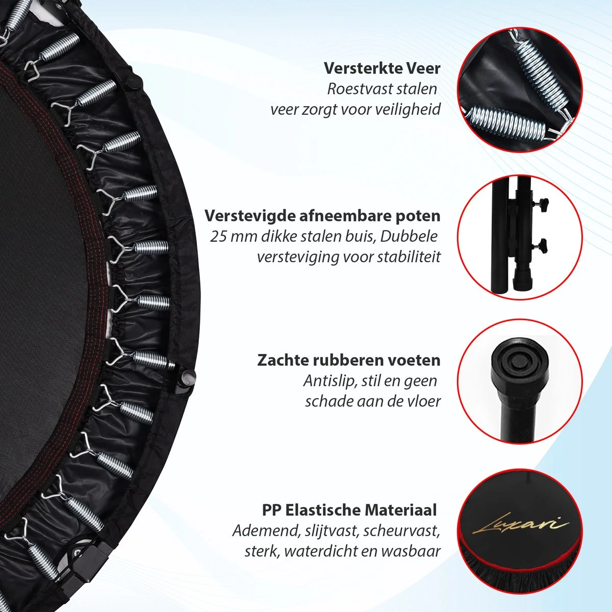 Luxari - Fitness Trampoline Pro - Inclusief Stang En Beschermhoes - 105 Cm Diameter - Opvouwbaar - Belastbaar Tot 150 Kg - Hometrainer - Fitness Trampoline 4 Luxari - Fitness Trampoline Pro - Inclusief Stang En Beschermhoes - 105 Cm Diameter - Opvouwbaar - Belastbaar Tot 150 Kg - Hometrainer - Fitness Trampoline - Afbeelding 2