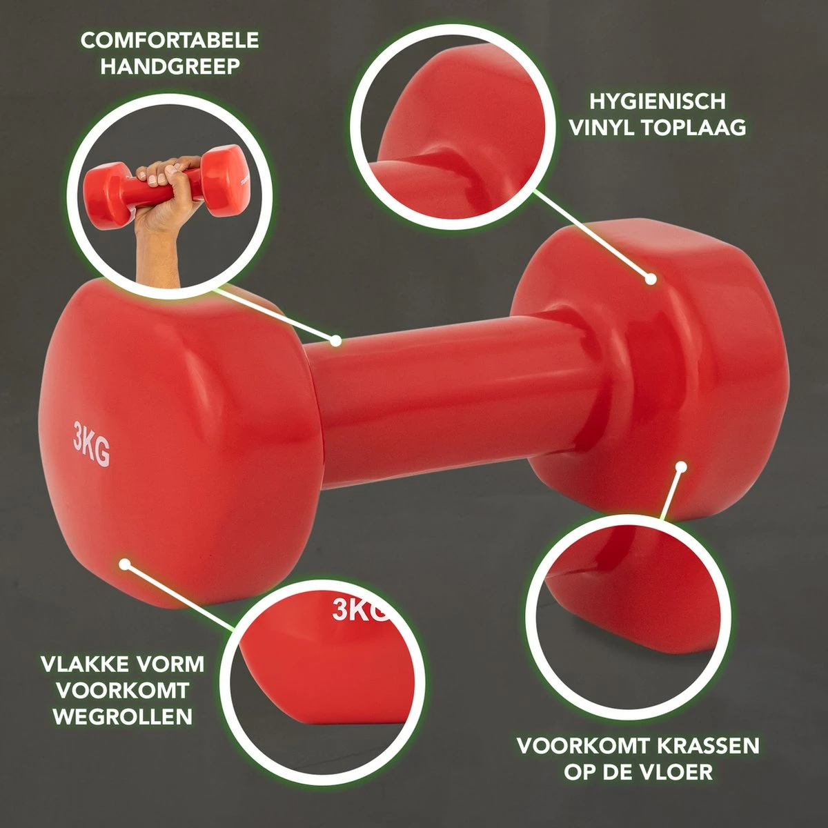 Tunturi Dumbbell Set - 2 X 3,0 Kg - Vinyl - Rood - Incl. Gratis Fitness App 6 Tunturi Dumbbell Set - 2 X 3,0 Kg - Vinyl - Rood - Incl. Gratis Fitness App - Afbeelding 4