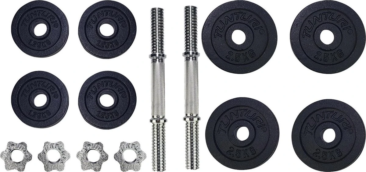 Tunturi Gewichten Gietijzer Totaal 20kg - Halterset Met Schroefsluiting - Dumbbell Set - 2 Halterstangen - 30mm - Incl. Gratis Fitness App 11 Tunturi Gewichten Gietijzer Totaal 20kg - Halterset Met Schroefsluiting - Dumbbell Set - 2 Halterstangen - 30mm - Incl. Gratis Fitness App - Afbeelding 9
