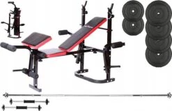 Halterbank INC. 50 Kg GEWICHTEN - Sportbank - Fitnessbank + Halterschijven + 1 Halterstang + 2 Dumbbells - Multifunctioneel - Volledig Instelbaar - Opklapbaar