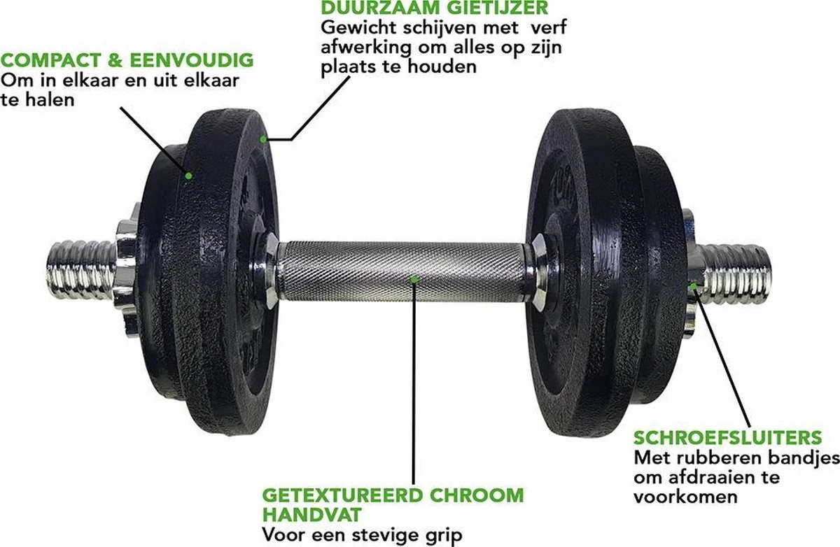 Tunturi Gewichten Gietijzer Totaal 20kg - Halterset Met Schroefsluiting - Dumbbell Set - 2 Halterstangen - 30mm - Incl. Gratis Fitness App 7 Tunturi Gewichten Gietijzer Totaal 20kg - Halterset Met Schroefsluiting - Dumbbell Set - 2 Halterstangen - 30mm - Incl. Gratis Fitness App - Afbeelding 5