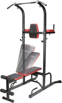 Fitness Trainer - Pull Up Toren - Dip Station – Push Up Bar - Dip Rack Halterbank Inc. 50 Kg GEWICHTEN + Sportbank Fitnessbank + Halterschijven + 3 Halterstangen - Multifunctioneel - Volledig Instelbaar - Opklapbaar -Fit Verkoop 723x1200