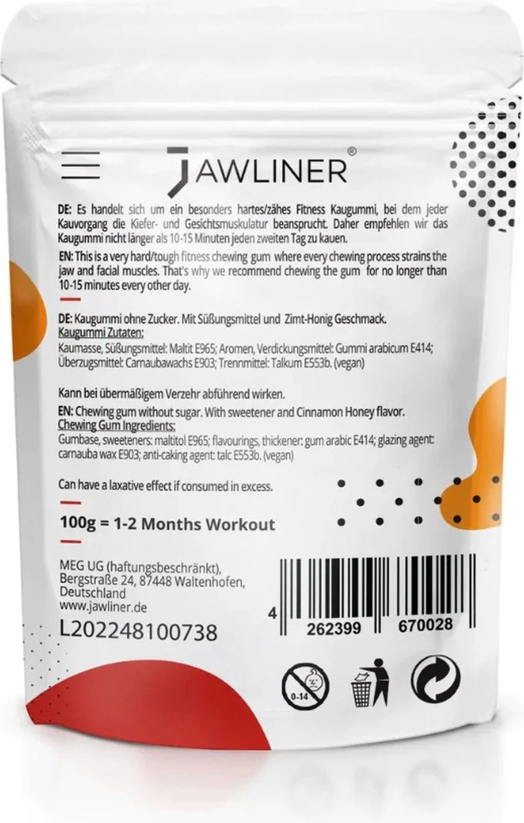 Jawliner Fitness Kauwgom Cinnamon Honey - Kaak Trainer Voor Kaakspier Oefeningen - Strakke Kaaklijn 4 Jawliner Fitness Kauwgom Cinnamon Honey - Kaak Trainer Voor Kaakspier Oefeningen - Strakke Kaaklijn - Afbeelding 2