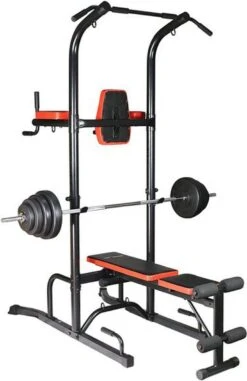 Fitness Trainer - Pull Up Toren - Dip Station – Push Up Bar - Dip Rack Halterbank Inc. 50 Kg GEWICHTEN + Sportbank Fitnessbank + Halterschijven + 3 Halterstangen - Multifunctioneel - Volledig Instelbaar - Opklapbaar -Fit Verkoop 777x1200 1