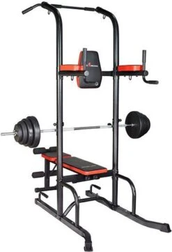 Fitness Trainer - Pull Up Toren - Dip Station – Push Up Bar - Dip Rack Halterbank Inc. 50 Kg GEWICHTEN + Sportbank Fitnessbank + Halterschijven + 3 Halterstangen - Multifunctioneel - Volledig Instelbaar - Opklapbaar -Fit Verkoop 820x1200 3
