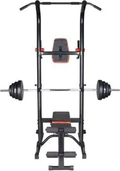 Fitness Trainer - Pull Up Toren - Dip Station – Push Up Bar - Dip Rack Halterbank Inc. 50 Kg GEWICHTEN + Sportbank Fitnessbank + Halterschijven + 3 Halterstangen - Multifunctioneel - Volledig Instelbaar - Opklapbaar -Fit Verkoop 843x1200