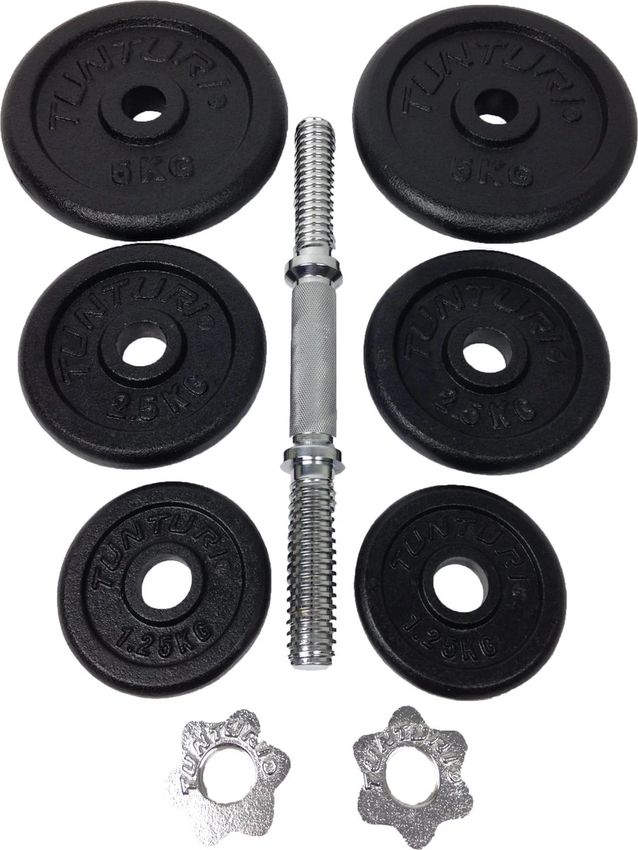 Tunturi Gewichten Gietijzer Totaal 20kg - Halterset Met Schroefsluiting - Dumbbell Set - 1 Halterstang - 30mm - Incl. Gratis Fitness App 4 Tunturi Gewichten Gietijzer Totaal 20kg - Halterset Met Schroefsluiting - Dumbbell Set - 1 Halterstang - 30mm - Incl. Gratis Fitness App - Afbeelding 2
