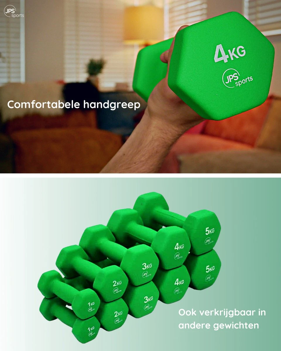 JPS Sports® Dumbells - Gewichten - Dumbells 4kg - Dumbells Set 2 X 4 Kg - Zeshoekig - Duurzaam - Groen 6 JPS Sports® Dumbells - Gewichten - Dumbells 4kg - Dumbells Set 2 X 4 Kg - Zeshoekig - Duurzaam - Groen - Afbeelding 4